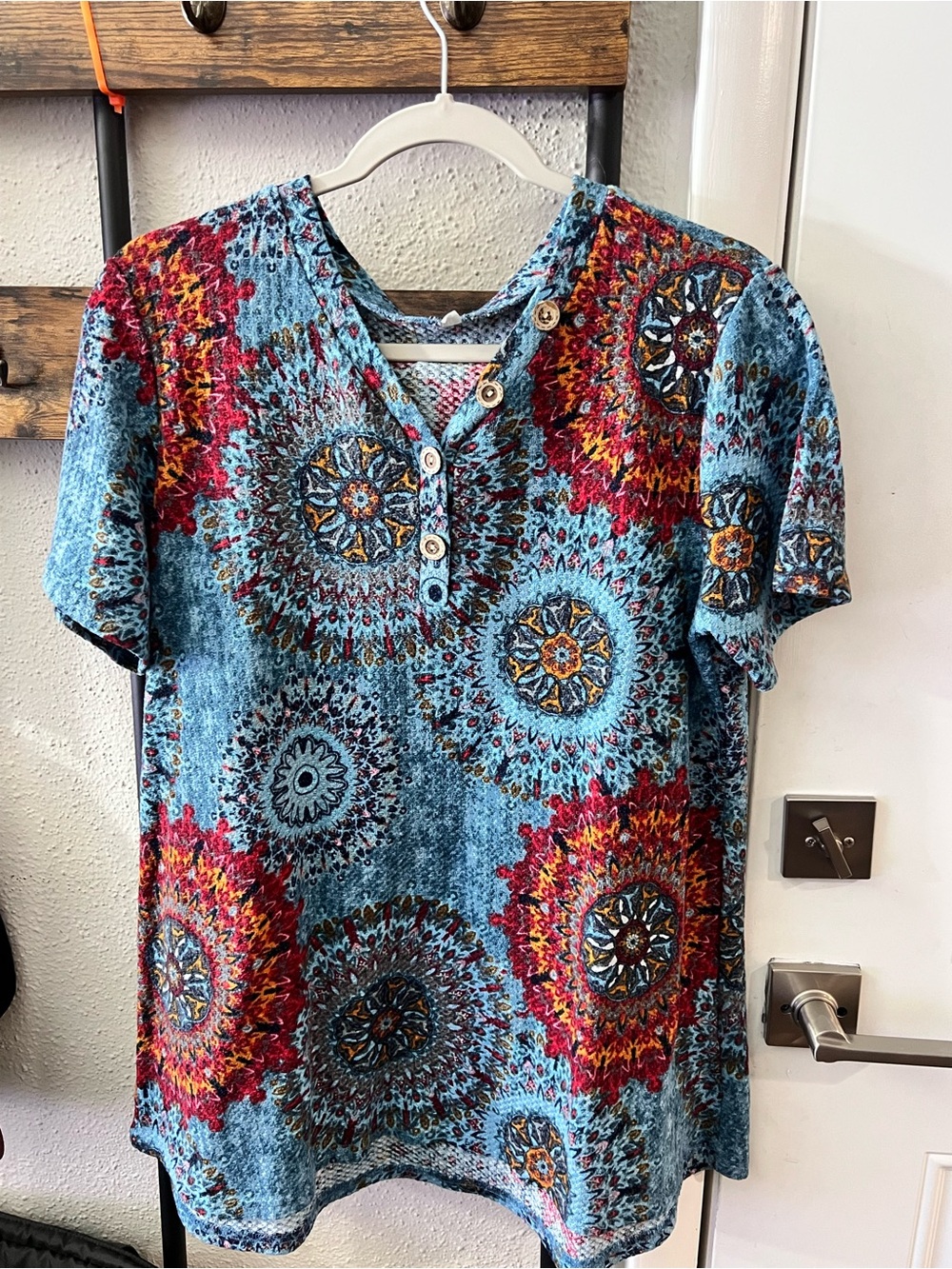 Blue Floral Medallion Short-Sleeve Women's Top